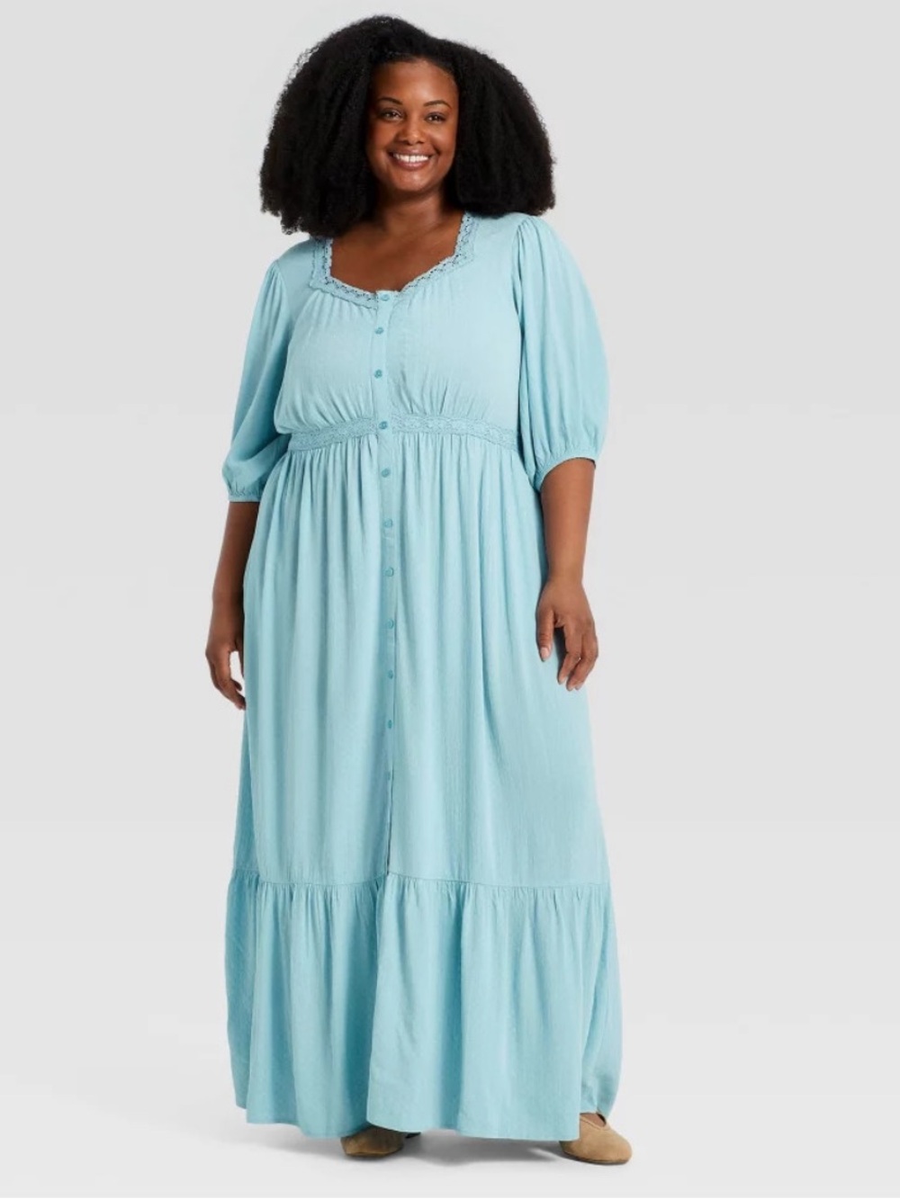 Ava & Viv Women's Elbow Sleeve Button-Front Lace Trim Maxi Dress NWT